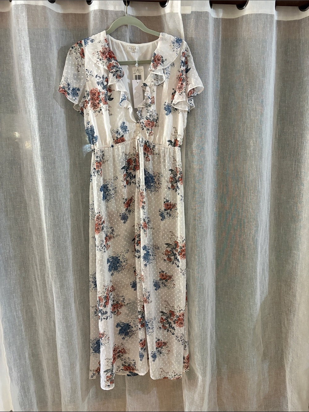 Sage White Maxi Dress with Blue & Rust Floral Print